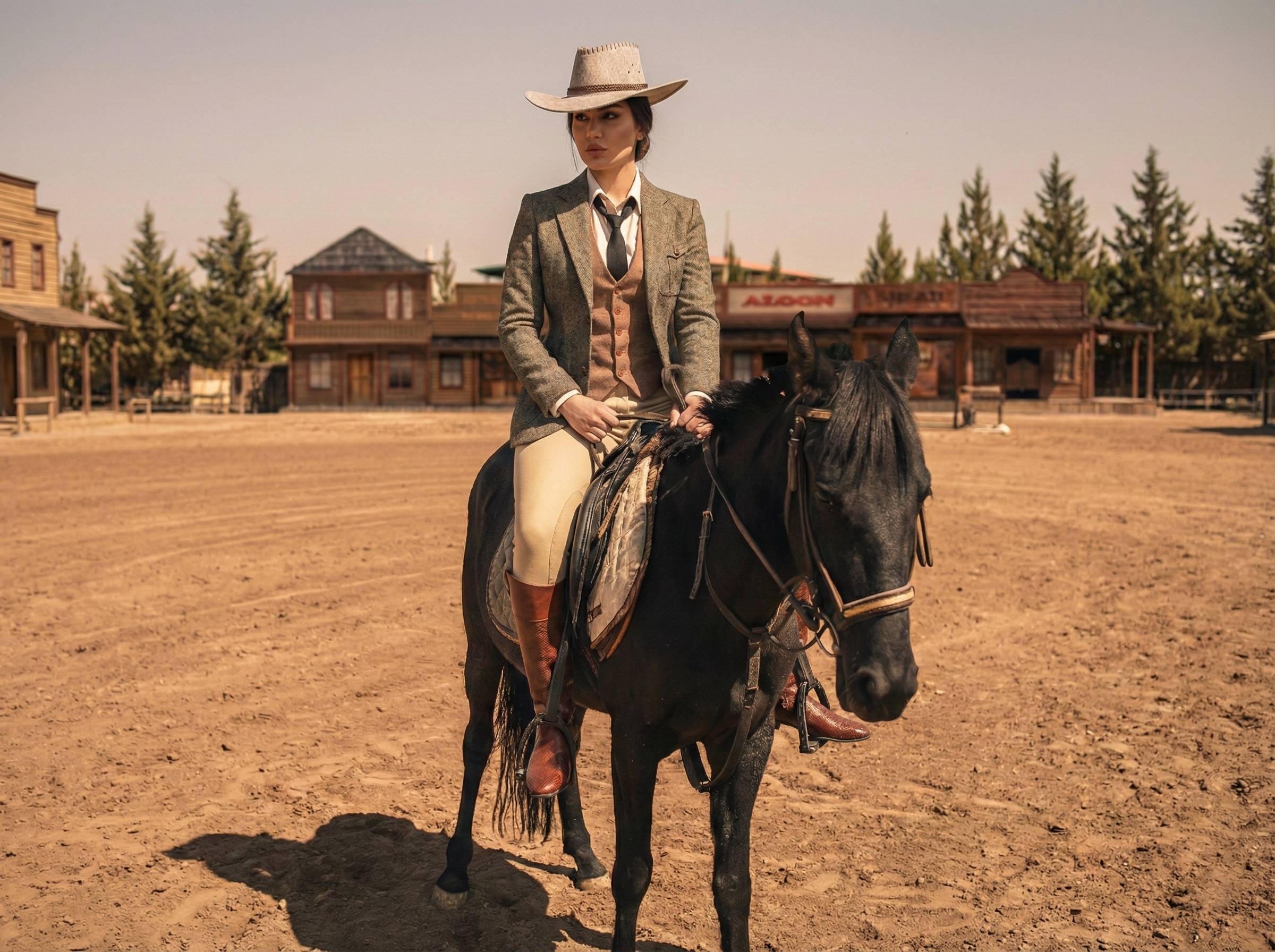 Woman on a horse, cowboy style.